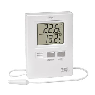 Petit thermomètre numérique avec sonde à câble, 30.1012, pour température intérieure/extérieure, aussie ideal pour température dans un congélateur/aquarium, valeurs max/min, blanc