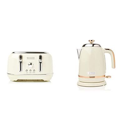 Haden Highclere 4 Slice Toaster with Reheat and Defrost Functions, Cream & Salcombe Cordless Kettle - Electric Kettle, 3000W, 1.7 Litre, Cream & Copper