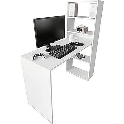 Duérmete Online Wit, bureau met plank, computertafel, kleurrijk, praktisch en functioneel, hout, 122 x 53,2 x 140 cm