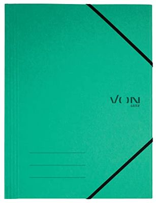 VON Leitz 30080055 - Carpeta A4 con banda elástica, cartón reciclado, para 150 hojas, 3 solapas, carpeta con impresión VON moderna, carpeta ligera para la escuela y el hogar, 5 unidades, color verde,