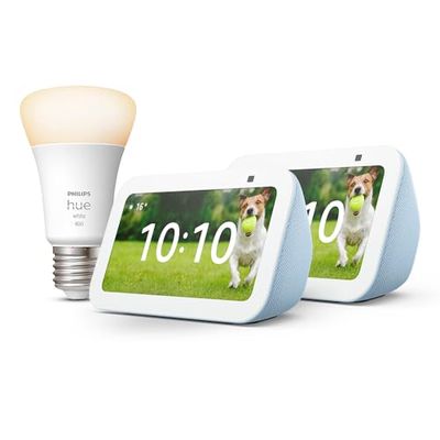 Echo Show 5 (3ª generazione) | Azzurro, 2 pezzi + Philips Hue White Lampadina LED Smart (E27), compatibile con Alexa - Kit di base per Casa Intelligente