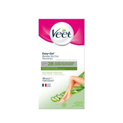 VEET EASY GEL - 40 Bandes de Cire Froide Corps & Jambes - Peaux Sèches - Sans Frotter - Epilation Longue Durée