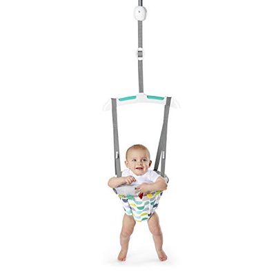 Bright Starts Playful Parade saltador de porta para bebé com alça ajustável, 6 meses e mais, peso máximo 26 lbs.