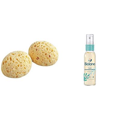 Tigex Kits de Toilettes 2 Éponges Végétales Boule Bébé 80601251 & BIOLANE - Huile d'Amande Douce - Nouveau Packaging - Bébé - Hydrate et protège la peau - Vitamine E - Soin - Bain - Massage