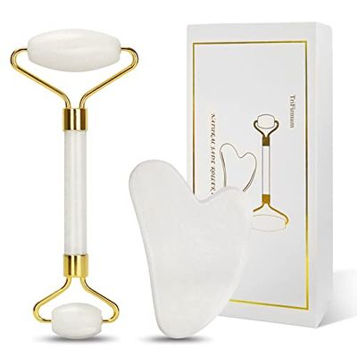 Zestaw do masażu z jadeitu i Gua Sha, naturalny jadeit, wałek do twarzy zapobiegający starzeniu się skóry, do obrzęków oczu, ujędrniania skóry, odmładzania twarzy i szyi