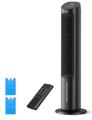 Dreo Torenventilator met koeling, stil, ventilator met waterkoeling, 101 cm luchtkoeler, verdampingskoeler met 80 graden zwenkfunctie, 3 modi, 4 snelheden, afstandsbediening, zwart