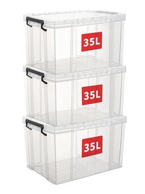 Cetomo 35L*3 Scatole di Stoccaggio, Bidone di Stoccaggio Impilabile con Coperchi, Contenitore Robusto con Angoli Rinforzati, Lati Verticali, di Plastica, Durevoli, PP, Trasparenti, 35L-3 Unità