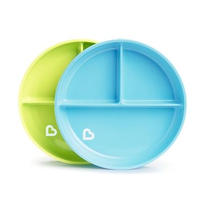 Munchkin Conjunto de pratos divididos Stay Put para bebé, prato para bebé e criança pequeno com compartimentos para o desmame, prato com ventosa para crianças de 6 m, conjunto de 2, azul/verde