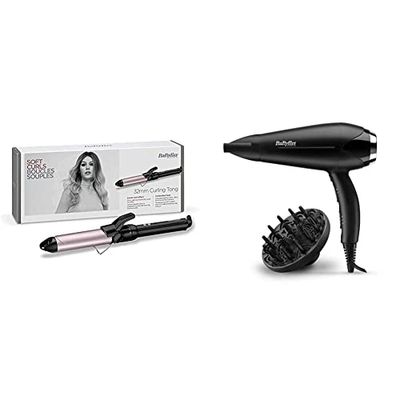 BaByliss C332E Tenacilla de pelo de 32 mm, 10 ajustes de temperatura + BaByliss D572DE Secador de pelo iónico con motor DC 2200W de potencia, 2 velocidades y 2 temperaturas más botón de aire frío