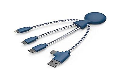 Xoopar - Mr Bio - Octopus Blue 4 in 1 Multi USB Cable Universal Charger Designed con materiales respetuosos con el medio ambiente Micro USB, USB, Lightning, Universal USB plug for Smartphone