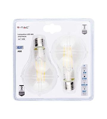 V-TAC Lampadina LED E27 8W A60 Filamento 2700K (Blister 2 Pezzi)