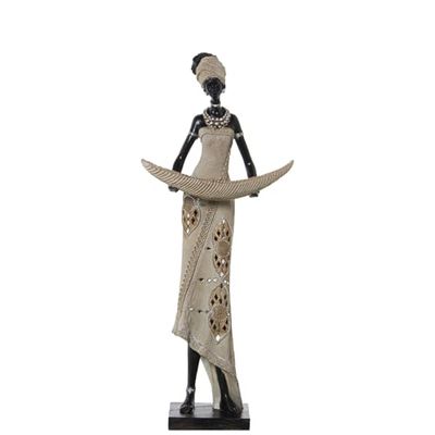 FIGURA RESINA AFRICANA C/CUENCO BARCA 25X15X61CM