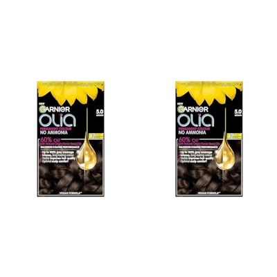 Garnier Olia Permanent Hair Dye, Up to 100% Grey Hair Coverage, No Ammonia, 5.0 Brown (Pack of 2)