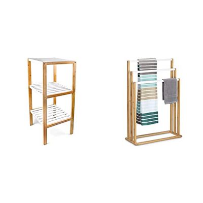 Relaxdays Scaffale da Bagno in bambù, HLP: 80 x 33 x 34 cm, 3 Ripiani, Mobiletto Salvaspazio Cucina, Naturale Bianco, Legno & Porta Asciugamani da Terra in Bambù