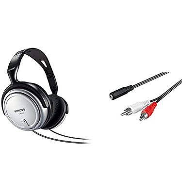 PHILIPS Shp2500 Cuffia Tv A Filo, Cavo Da 6 Metri, Controllo Volume Integrato, Comodi Pad, Grigio & Goobay Cavo Adattatore Per Cuffie Per Tv Senza Presa Per Cuffie