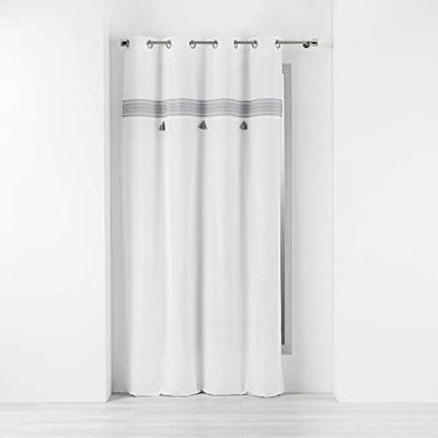 Douceur d'Intérieur, Rideau à Oeillets (140 x 240 cm) Amaya Gris, Coton Uni Finition Top Brodé avec Pompons
