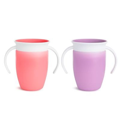 Munchkin Miracle 360 Sippy Cup, Trainer Toddler Cup, BPA Free Baby & Toddler Cups w.Handles, Non Spill Cup, Dishwasher Safe Baby Cup, Leakproof Childrens Cup, 6+ Months - 7oz/207ml, 2 Pack,Pink/Purple