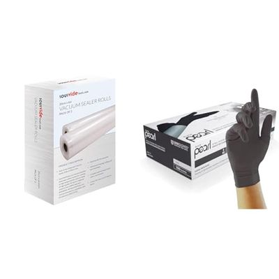 SousVideTools | Vacuum Sealer Rolls Pack of 2 | 20cm x 6m | Embossed Plastic Food Storage & Unigloves Black Pearl Nitrile Examination Gloves - Multipurpose, Powder Free and Latex Free Disposab