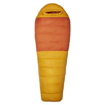 Marmot Lost Coast 5, Sacco a pelo a mummia per adulti, imbottitura in piuma d'oca 600+, leggero e caldo, impacchettabile, 183 cm, adatto fino a -40 °C, Golden Sun/Tangelo, 183 cm
