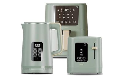 Cello Green Kitchen Bundle: 1.7L 3000W Kettle with Temperature Control & LED Display | 800W 2 Slice Toaster with Digital Timer & High Lift | 4L 1400W Air Fryer with 8 Presets & Touch Control
