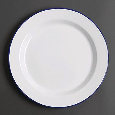 Olympia Enamel White Blue Dinner Plate 300mm Restaurant Kitchen Tableware 6pc