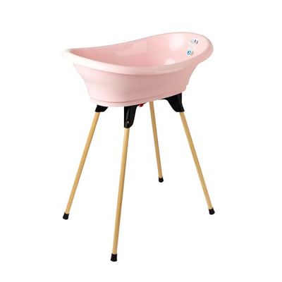 THERMOBABY - Kit Baignoire Bébé - Vasco - Baignoire, Pied En Bois & Tuyau De Vidange - Innovation Brevetée - Pliable & Stable - Peut Accueillir Un Transat De Bain - Fabriqué En France - Rosé Poudré