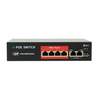 Conmutador PoE PNI SWPOE42, 4 Puertos PoE de 100 Mbps y 2 Puertos UP Link de 100 Mbps, 65 W, función AI Extend hasta 250 m, protección contra Rayos de 4 kV
