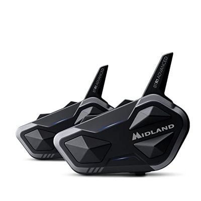 Midland BTR1 Advanced Twin C1529.01, Paire d'Intercoms Bluetooth pour Moto, Étanche IPX6, Casque Antibruit pour Casque, Jusqu'à 4 Personnes, Batterie 23 H, Portée 1,2 Km, 2 Oreillettes