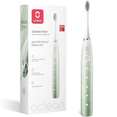 Cepillo de dientes eléctrico sónico Oclean Flow, 180 días de duración, 76000 Movimientos por minuto, 5 Modos, IPX7 Impermeable y Temporizador, Cabezal de Cepillo DuPont™, Verde