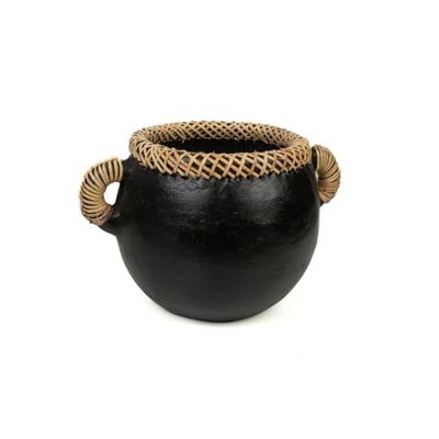 Romimex Macetero Negro Cerámica Ratán 25 x 17 x 20 cm con Asas