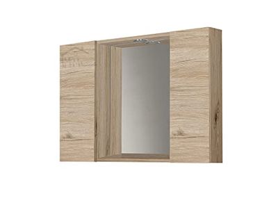 Mama Store Specchio da Bagno con 2 Scomparti e Luce LED-Rovere Naturale, Legno, 81 CM X P. 16 CM X H. 60 CM