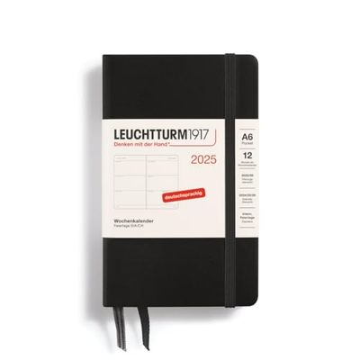 LEUCHTTURM1917 370549 Agenda semanal 2025, bolsillo A6, tapa dura, planificador de 12 meses, 80 g, rayado, negro