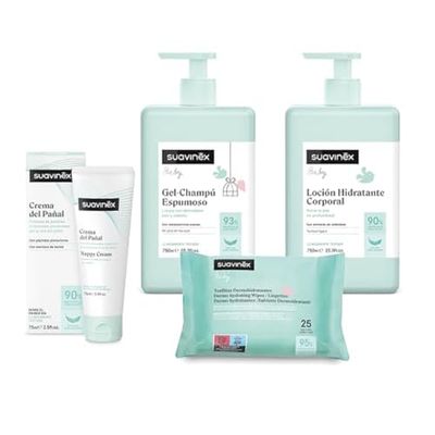 Suavinex, Duży zestaw kosmetyków zawierający: delikatny żel szampon 750 ml + mleko nawilżające 750 ml + maść do pieluchy 50 ml + opakowanie chusteczek 25 szt. Opakowanie dla noworodka, 4 produkty