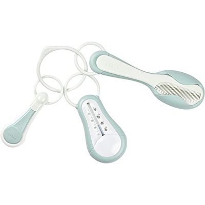 BÉABA, Set accessoires toilette bébé/ Enfant, Thermomètre de bain+ Coupe ongle+ Peigne brosse, Green Blue