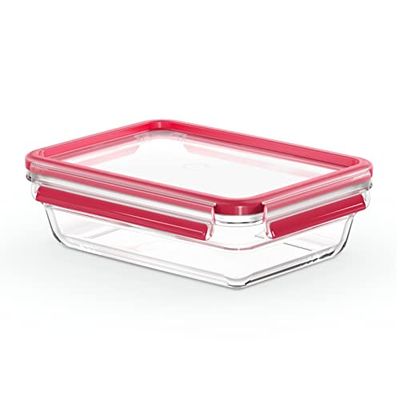 Emsa Clip & Close Glass Food Storage Container, Rectangular, 1.1 L, 100% Leak-Proof, Non-Slip Stacking, Glass Container, Dishwasher, Freezer, Oven, Microwave Safe, Red, Transparent, N10409