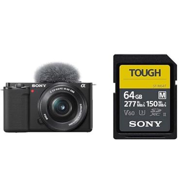 Sony Alpha ZV-E10 - Kit Vlog Camera ad Ottiche Intercambiabili + Obiettivo 16-50mm, APS-C + Scheda SD 64GB SFM64T
