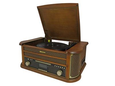 Roadstar HIF1993DBT Gira-discos 33/45/78 rpm, rádio DAB/DAB+/FM, leitor de CD/CDRW/CD-MP3, cassete, Bluetooth, USB, controlo remoto, retro, madeira