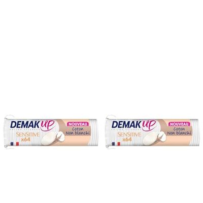 Demak'Up Sensitive Disques Cotons à Démaquiller - Visage et Yeux - 100% Fibres de Coton Naturelles - 64 Cotons (Lot de 2)