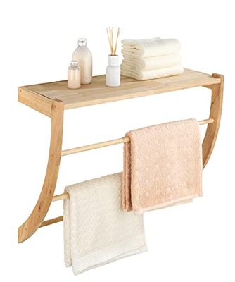 WENKO Norway Wall Shelf with Shelf and 3 Towel Rails for Towels & Clothes etc. in Bathroom, Kitchen and Living Room in Scandi Style, Solid Walnut Wood Oiled, 60 x 50 x 25 cm