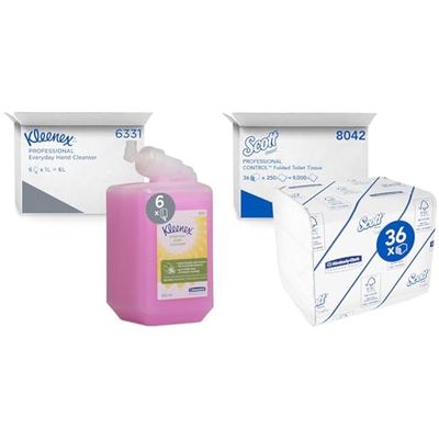 Kleenex Everyday Use Hand Soap 6331 - Pink Hand Wash - 6 x 1 Litre Hand Wash Refills (6 Litre total) & Scott Control Folded Toilet Tissue 8042-2 Ply Bulk Toilet Paper - 36 Packs x 250 Toilet Paper