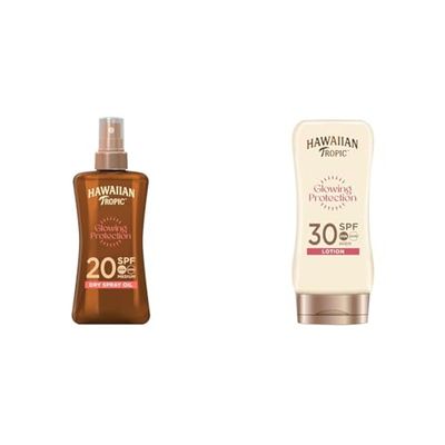 Hawaiian Tropic Satin Protection Ultra Radiance - Loción Solar de Protección Alta + Aceite protector en aerosol seco LSF 20, 200 ml, paquete 1er (1 x 200 ml)