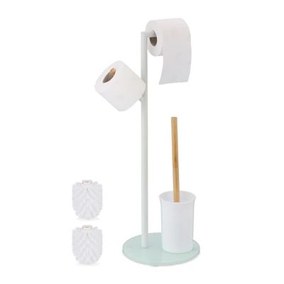 Relaxdays WC Set, HxWxD: 64 x 27 x 22 cm, Free-Standing Roll & Brush Holder, Replacement Heads, Stainless Steel, White
