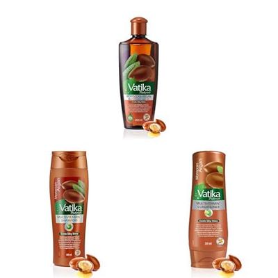 Vatika Naturals Moroccan Argan Enriched Hair Oil (200ml) + Shampoo (400ml) + Conditioner (200ml) Set Blended with vital multivitamins | For naturally soft, shiny hair - Non-Greasy Formula
