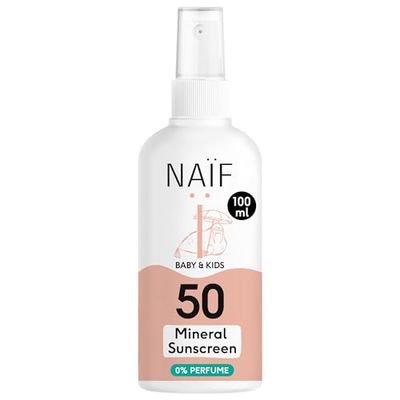Naïf Mineralny spray przeciwsłoneczny – dla niemowląt i dzieci – LSF 50 – spray bez oktokrylenu – ochrona UVA i UVB – odporny na działanie wody – testowany dermatologicznie – bez mikroplastiku – 100
