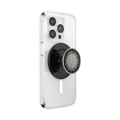 PopSockets Uchwyt do telefonu MagSafe, bezpieczny magnetyczny uchwyt i stojak na telefon, podpórka bez użycia rąk, kompatybilny z bezprzewodowym ładowaniem - emaliowany młotkowany słońce czarny