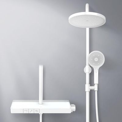 EMKE Colonna doccia termostatica, doccia a mano con 3 modalità di getto, piastra termica da 40 cm, bianco opaco, altezza regolabile 855-1155 mm, doccia a pioggia, temperatura costante a 38 °C