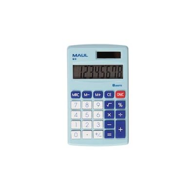 MAUL Calculatrice de Poche M 8 | Calculatrice avec Grand Affichage à 8 Chiffres | Fonctions Standard pour Le Bureau, l'université et l'école | Alimentation Solaire et à Pile | Bleu