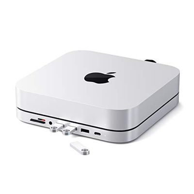 SATECHI USB-C Hub - Type-C Aluminium Standaard & Hub - Datapoort, Micro/SD Kaartlezers, USB 3.0 & Koptelefoonaansluiting - voor Mac Studio, Mac Mini M2/M1 (Niet voor M4) - Zilver