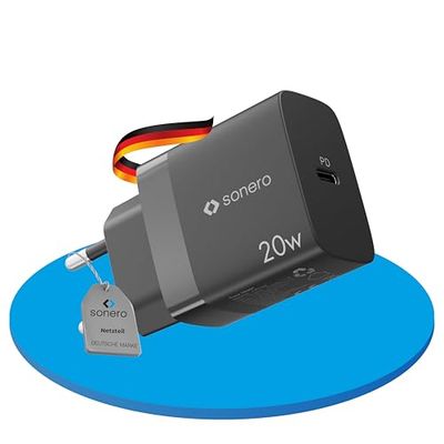 sonero Cargador USB-C, 1x Puerto USB-C de 20 vatios, Cargador rápido, Fuente de alimentación USB, Cargador de móvil con detección automática de Corriente de Carga, Negro