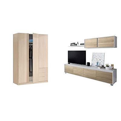 Habitdesign Low Cost Armario, Melamina, Roble, 180x121x52 + 1, Blanco Artik y Roble Canadian, 43 x 200 x 41 cm